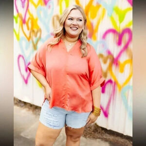 Boutique Brand Glam Coral Satin V-Neck Collared Rolled Sleeve Blouse- Size Small